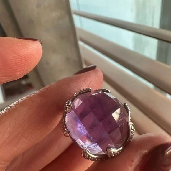 925 Sterling Silver Royal Purple Amethyst Cocktail Ring Size 9 Checkerboard Cut - Picture 8 of 9